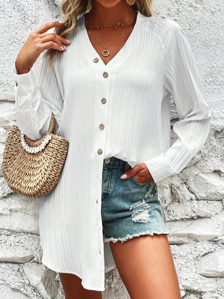 

Casual Plain Buttoned Loose Solid Button Front Raglan Sleeve Blouse, White, Shirts & Blouses