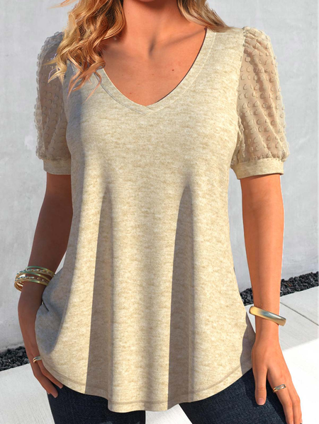 

V Neck Plain Casual Lace Shirt, Light khaki, Shirts & Blouses