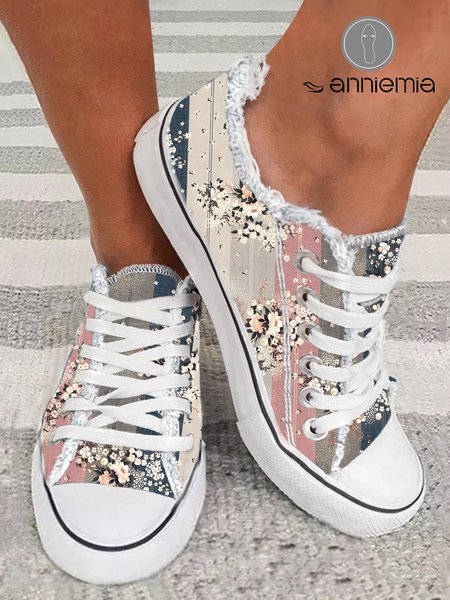 

Stitching Floral Graphic Raw Hem Casual Canvas Shoes, As picture, Sneakers