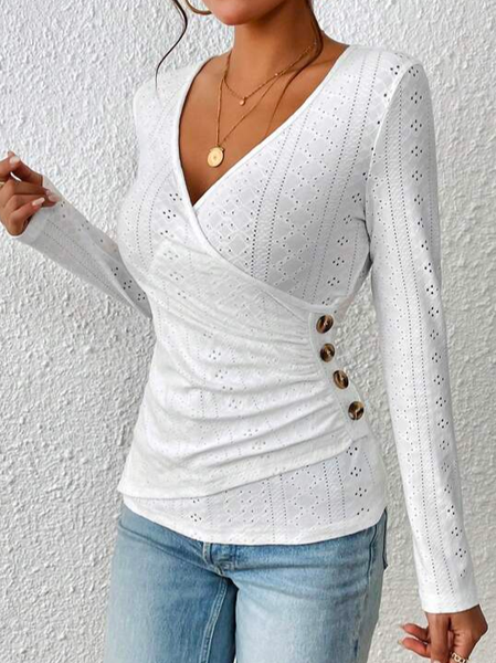 

Casual V Neck Plain Loose Eyelet Embroidery Button Detail Ruched Side Wrap Cross T-Shirt, White, T-Shirts