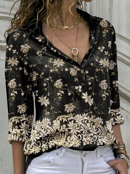 

Loose Casual Floral Shirt Collar Blouse, Black, Shirts & Blouses