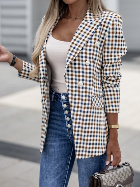 

Plaid Shawl Collar Casual Loose Blazer, Khaki, Coats