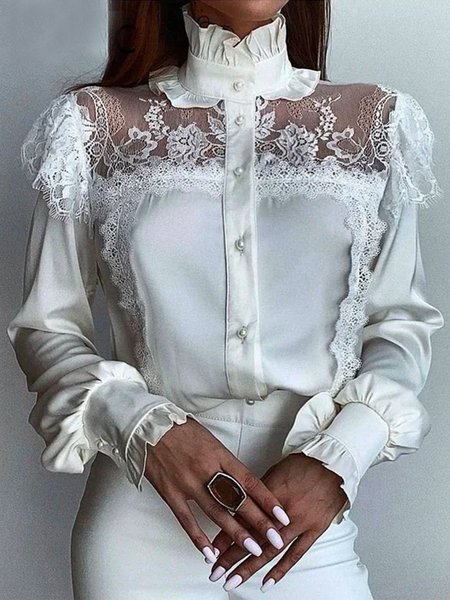 

Plain Stand Collar Regular Fit Elegant Blouse, White, Blouses and Shirts
