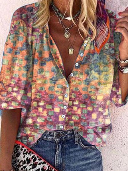 

Abstract Casual Loose V Neck Blouse, Red, Shirts & Blouses