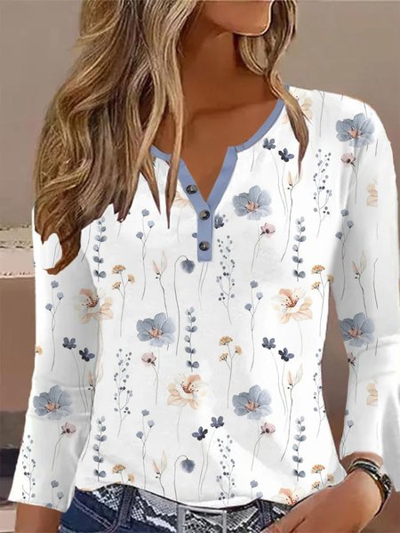 

Casual Loose Jersey Half Open Collar Shirt, White, Long sleeves
