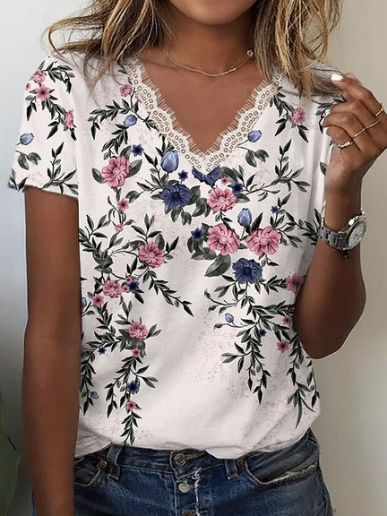 

V Neck Casual Floral Loose T-Shirt, White, T-Shirts