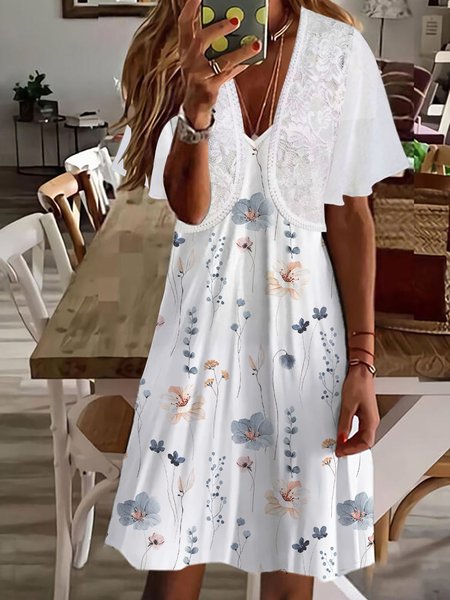 

Floral Casual Loose Split Joint Two-Piece Set, White, Suit Set