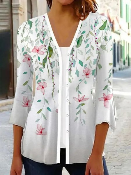 

Loose Wrap Floral Casual Shirt, White, Shirts & Blouses