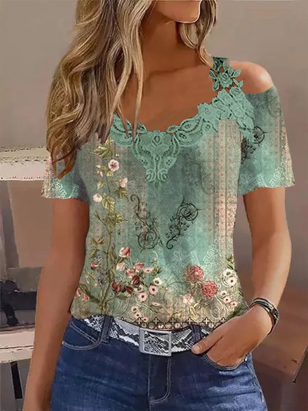 

Floral V Neck Casual Shirt, Green, Shirts & Blouses
