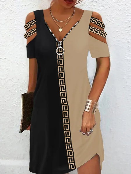 

Casual V Neck Color Block Loose Dress, Khaki, Dresses