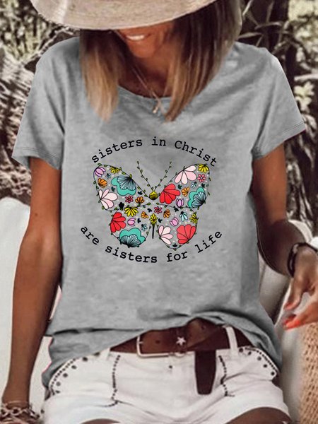 

Women's Sisters in Christ Butterfly Casual Letters T-Shirt, Gray, T-shirts