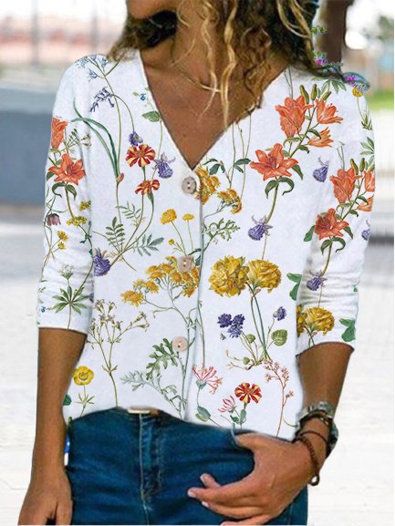 

Casual Knitted V Neck Floral Shirt, White, Shirts & Blouses