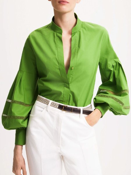 

Lace Edge Urban Regular Fit Lantern Sleeve Plain Blouse, Green, Blouses and Shirts
