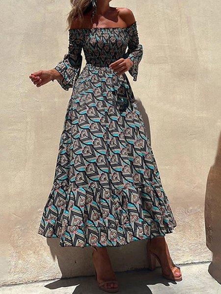 

Boho Geometric High Waist Boat Neck Maxi Dress, Blue, Maxi