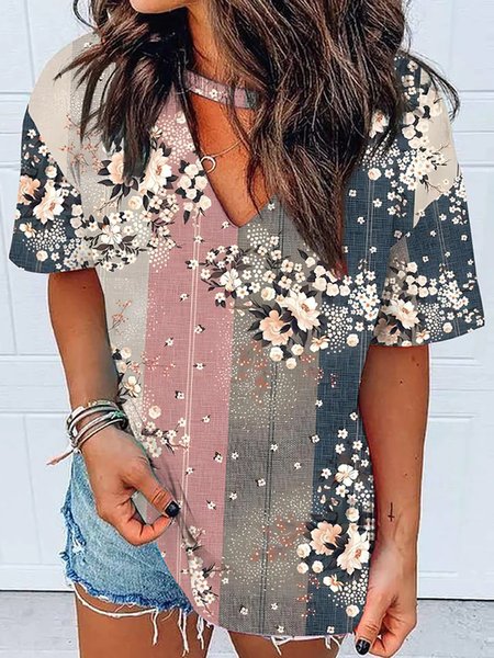 

V Neck Casual Loose Floral T-Shirt, Blue, T-Shirts