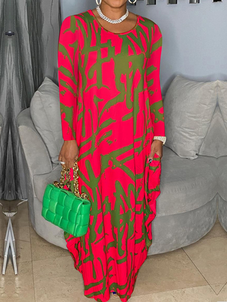 

High Elasticity Casual Crew Neck Long sleeve Loose Abstract Maxi Dress, Red, Maxi Dresses