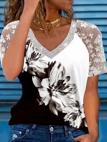 

Casual V Neck Loose Lace Shirt, White, Shirts & Blouses