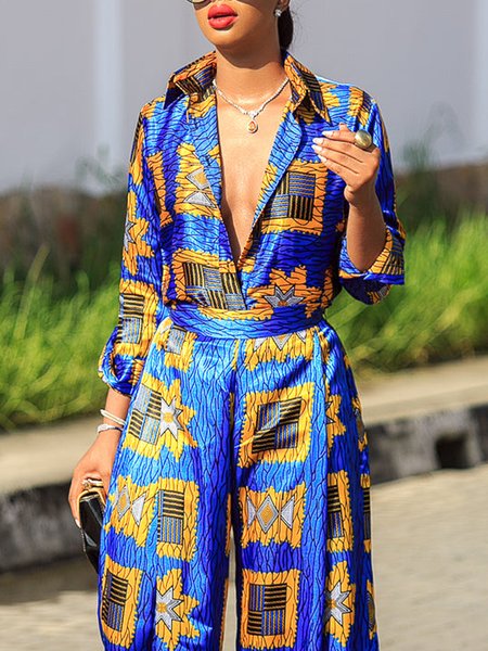 

Ethnic Geometry Loose Shirt Collar Urban Blouse, Blue, Blouses and Shirts