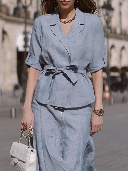 

Urban Regular Fit Plain Lapel Collar Blouse With Belt, Gray, Blouses and Shirts