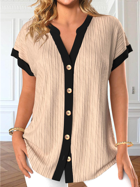 

Plain V Neck Loose Casual Shirt, Khaki, Shirts & Blouses