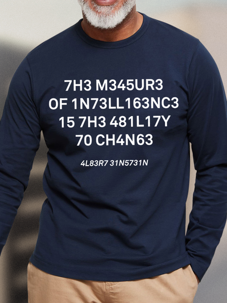 

Men's Funny The Measure Of Intelligence Graphic Printing Loose Casual Cotton Crew Neck Top, Dark blue, Long Sleeves