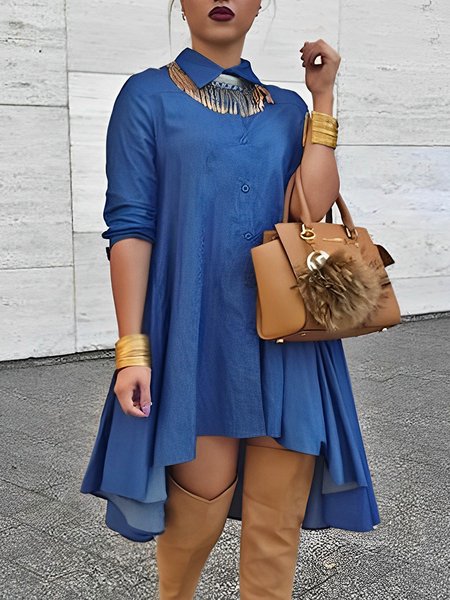 

Shirt Collar Loose Plain Urban Faux Denim Midi Dress With No Belt, Blue, Mini Dresses