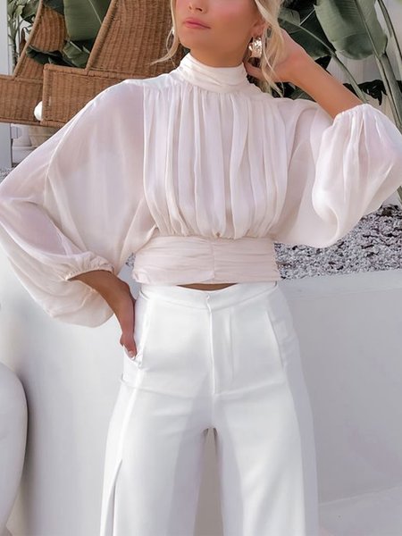 

Plain Turtleneck Elegant Loose Shirt, Cream, Blouses and Shirts