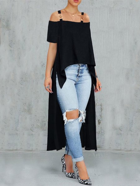 

Loose Cold Shoulder Plain Urban Shirt, Black, Blouses and Shirts