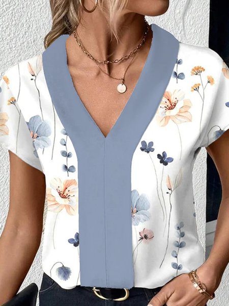 

Casual Floral V Neck T-Shirt, White, T-Shirts