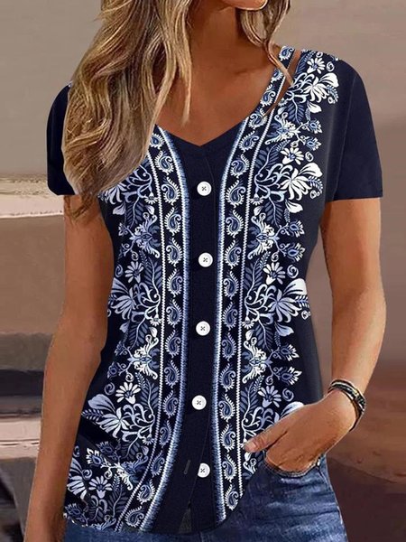 

Casual V Neck Ethnic T-Shirt, Navyblue, T-Shirts