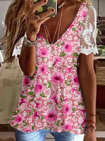 

Loose Casual V Neck Floral Shirt, Pink, Shirts & Blouses