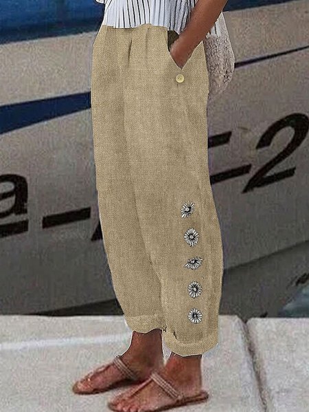 

Women's Linen Pants Trousers Baggy Button Daisy Print Pant Full Length Cotton And Linen Side Pockets Baggy, Khaki, Pants