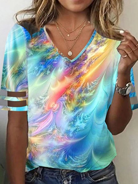 

Loose Casual V Neck Ombre T-Shirt, Blue, T-Shirts