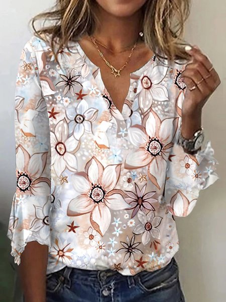 

JFN Floral Casual V Neck Cotton-blend T-Shirt, Pink, T-Shirts