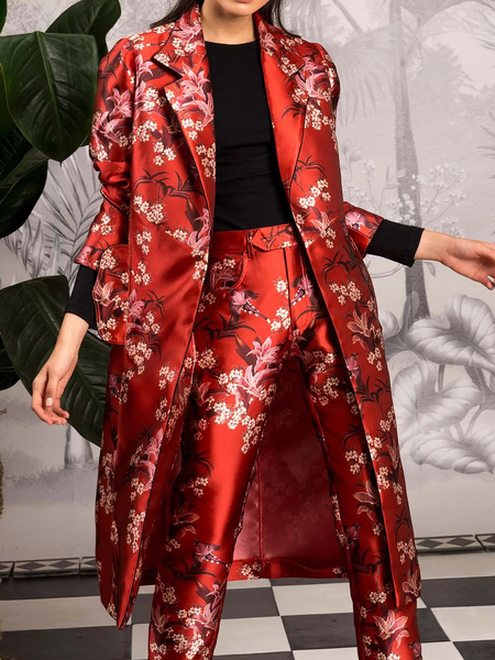 

Plants Urban Loose Long sleeve Lapel Collar Mid-long Blazer, Red, Blazers