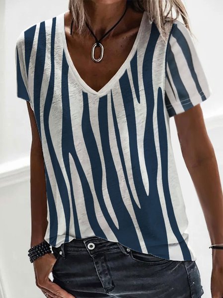 

Women Abstract V Neck Casual Short Sleeve T-shirt, White-blue, Tees & T-shirts
