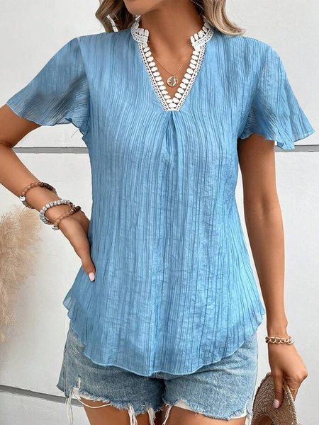 

V Neck Elegant Plain Lace Shirt, Blue, Shirts & Blouses