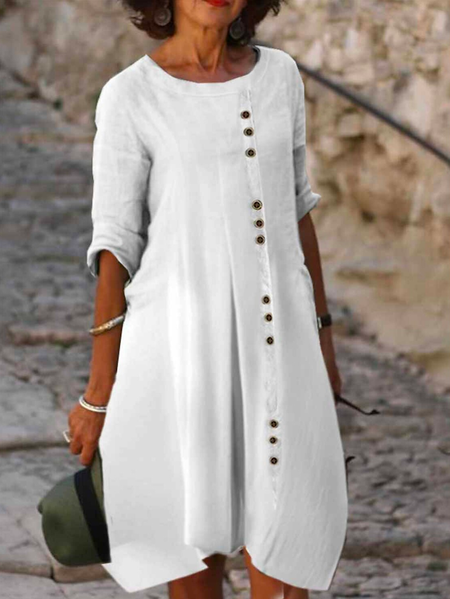 

Cotton Plain Crew Neck Casual Dress, White, Dresses