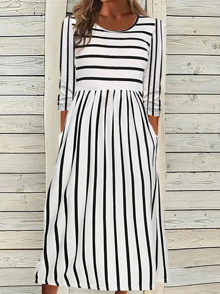 

Plus Size Striped Casual Crew Neck Long Sleeve Knit Dress, Black-white, Dresses