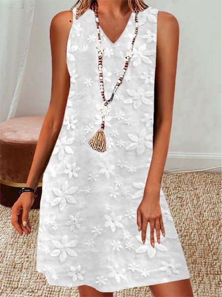 

Plain Jacquard Sleeveless V Neck Casual Tunic Dress, White, Mini Dresses