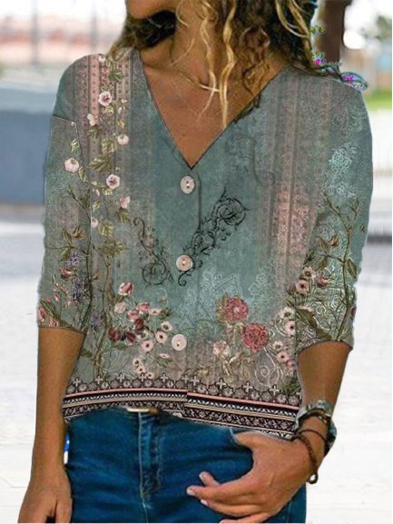 Ethnic Casual V Neck Loose Shirt, Green, Shirts & Blouses