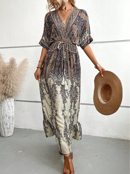 

V Neck Loose Casual Ethnic Dress With Belt, Khaki, Dresses