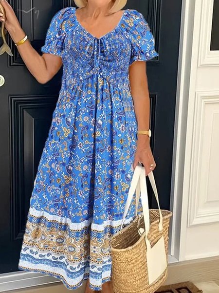 

V Neck Casual Floral Loose Dress, Blue, Dresses