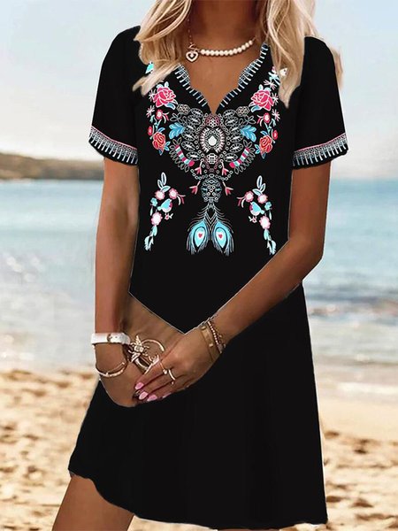 

V Neck Loose Ethnic Casual Dress, Black, Dresses