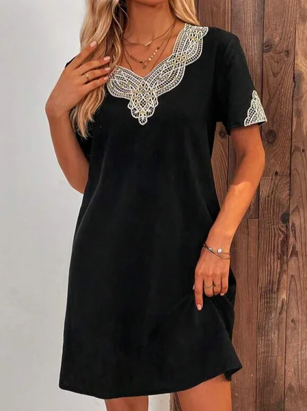 

Cotton Loose Casual Contrast Guipure Lace Tunic Dress, Black, Dresses
