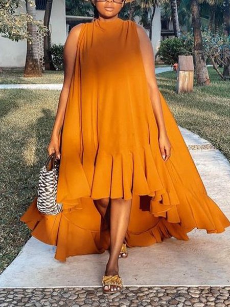 

Loose Sleeveless Plain Vacation Maxi Dress, Yellow, Maxi Dresses
