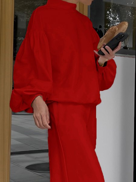 

Lantern Sleeve Casual Plain Half Turtleneck Loose Sweatshirt, Deep red, Hoodies and Sweatshirts