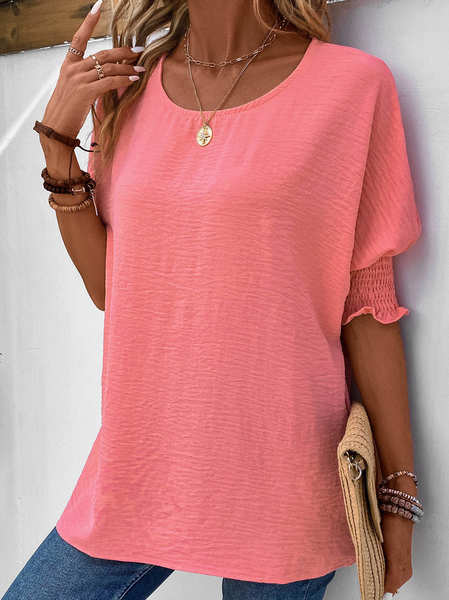 

Crew Neck Plain Casual Loose Shirt, Pink, Shirts & Blouses