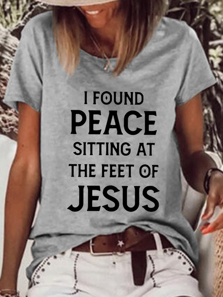 

Women's I Found Peace Sitting At The Feet Of Jesus Loose Cotton-Blend Casual T-Shirt, Gray, T-shirts