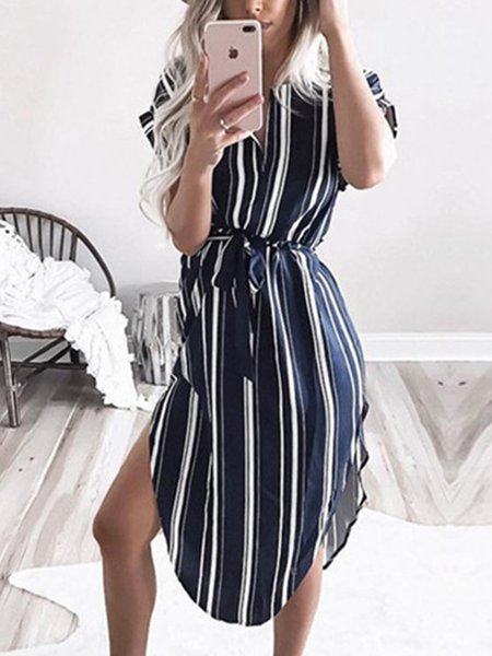 

Summer Vacation Striped Perris Loose Casual Shirt Dress, Blue, Dresses